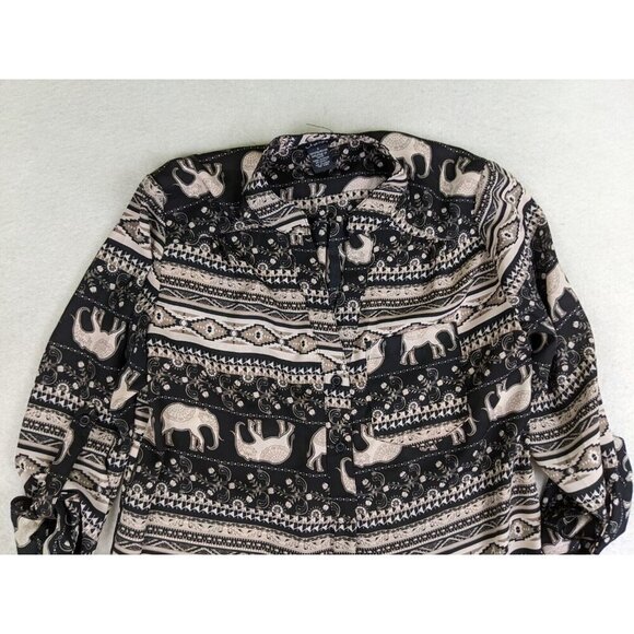 Justify Women's Top Size Small Black & Beige Elephant Print Tunic Tribal - Picture 5 of 11